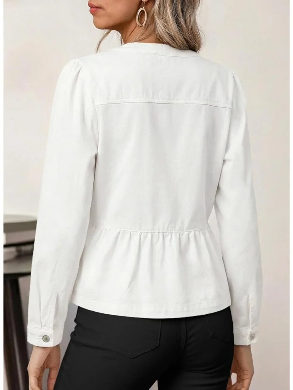 Women's White Button Down Long Sleeve Collarless Cinched Waist Denim Jackets